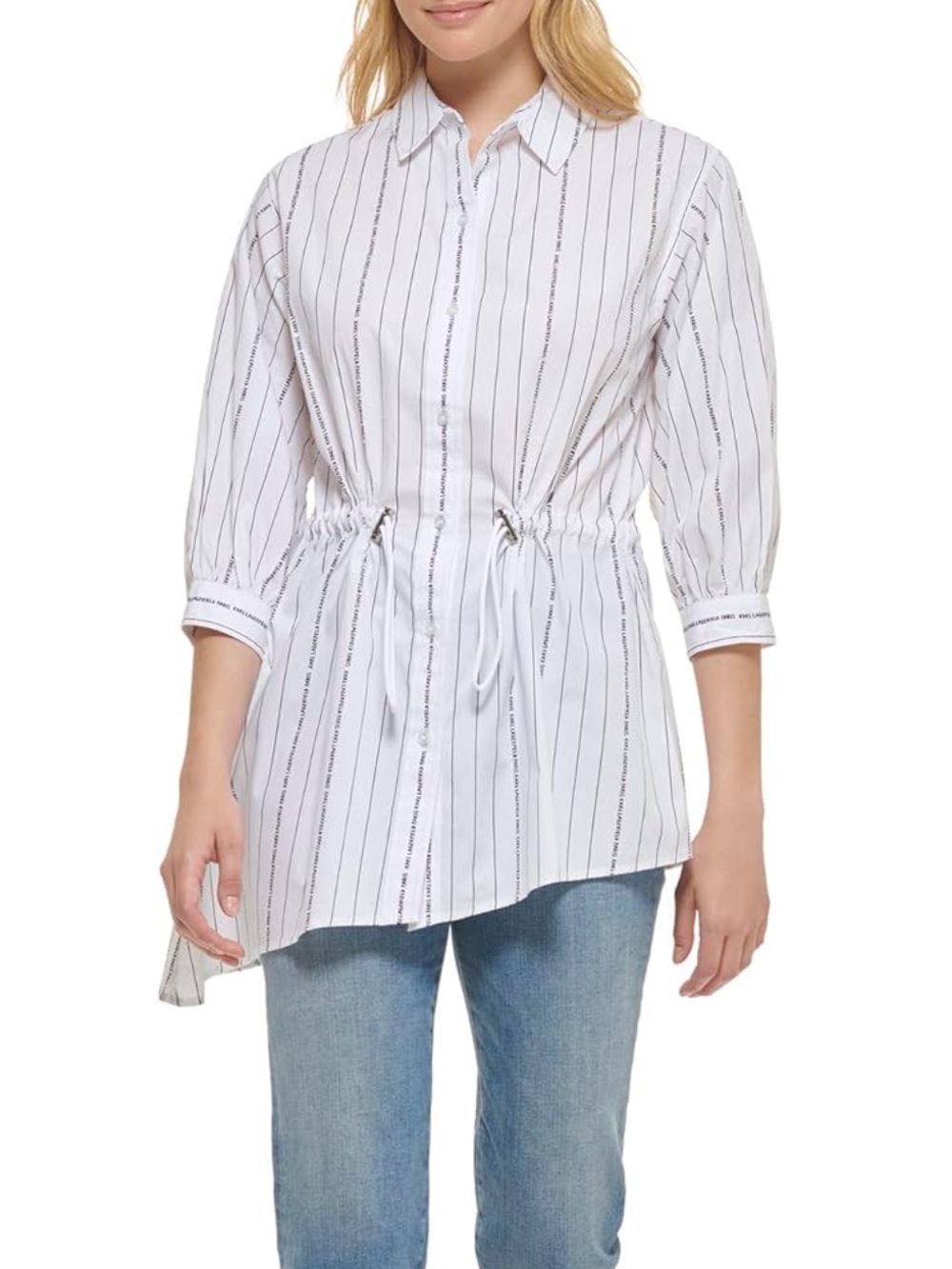NWOT Karl Lagerfeld Long Sleeve Designer Stripe Sport Blouse Cinch Waist Tunic